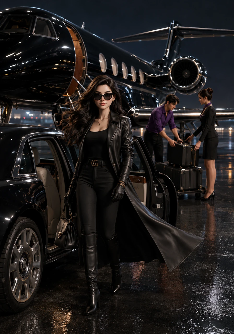 The Rolls-Royce pulls up alongside a majestic, shiny black Gulfstream G700 waiting on the dark tarmac. Anya steps out into the night air, her long leather coat billowing dramatically in the wind as her luggage is carefully loaded into the aircraft. The stark contrast of the powerful jet and her refined elegance creates a breathtaking scene.