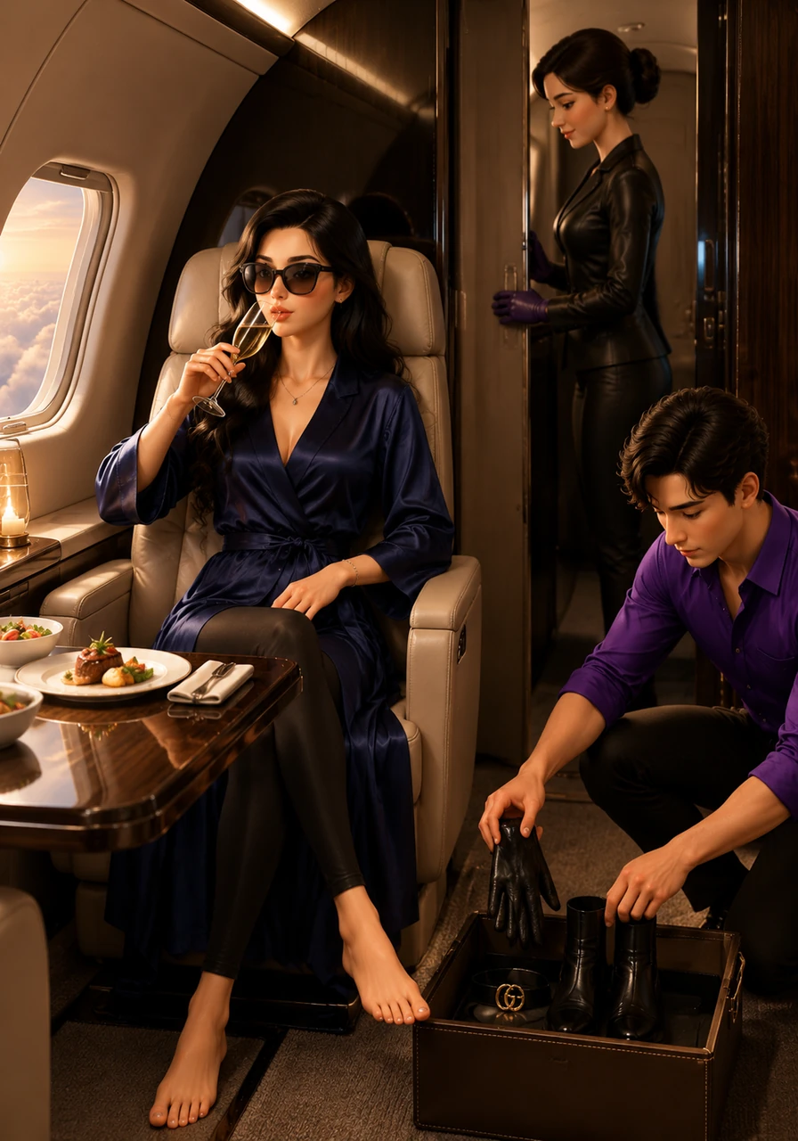 High above the clouds, Anya changes into a dark blue, ankle-length silk robe and comfortable leggings, letting her stylist put away her heavy leather boots, belt, and gloves. The stewardess serves a gourmet dinner paired with fine champagne, before softly closing the suite doors to grant Anya absolute privacy. Anya sips her drink, thoroughly enjoying the quiet solitude of the upper atmosphere.