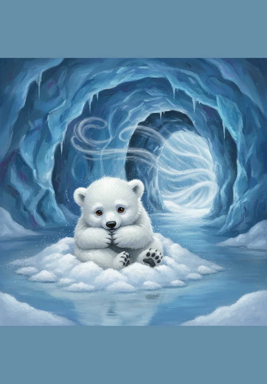 Inside a cozy ice cave, a small polar bear cub named Pip huddled deep into a pile of soft snow. While the Arctic wind whistled through the entrance, Pip shivered and tucked his nose under his paws. He wondered why the world outside felt so scary and cold.