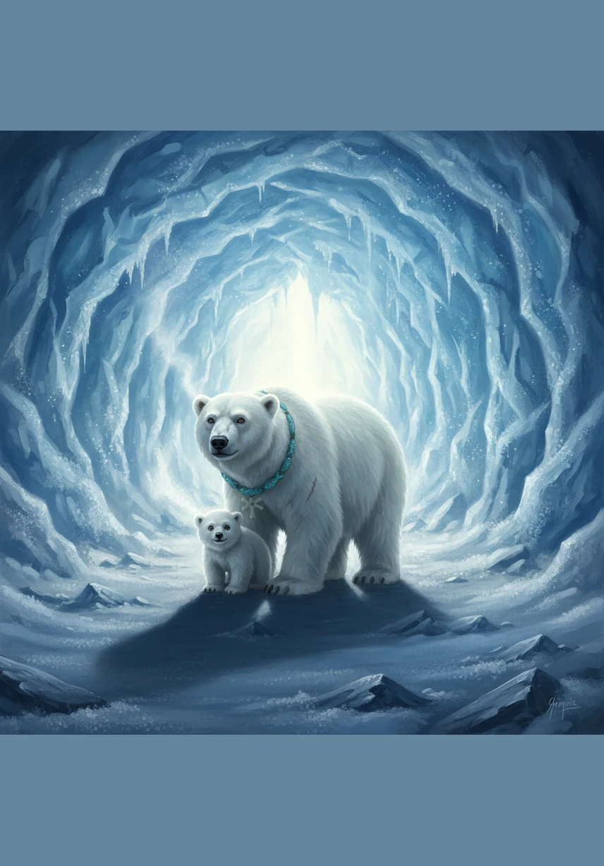 With a deep breath, Pip followed his mother toward the bright light of the cave's opening. The air was crisp and smelled of salt and ancient ice. Mama Nanuk encouraged him to take one small step at a time into the great unknown.