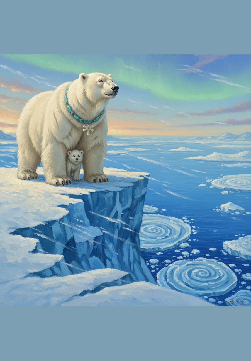 They climbed to the top of a high, snowy ridge where the wind sang a different tune. From up here, Pip could see the distant blue ocean and the swirling patterns of the ice floes. He felt tall and strong, standing high above the world.