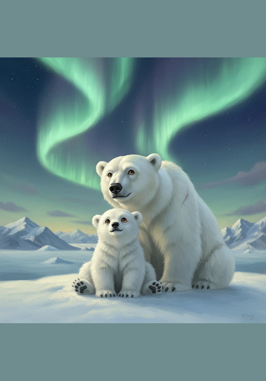 Suddenly, the sky began to dance with ribbons of emerald and violet light. Pip watched the Aurora Borealis in silence, realizing that his home was a place of magic. He wasn't just a cold little cub; he was a part of this magnificent, frozen kingdom.