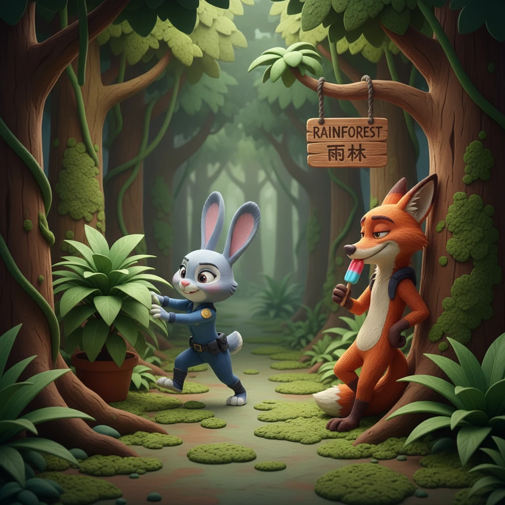 朱迪走出警察局，来到热带雨林区街巷。这里绿植茂盛，苔藓遍布地面，尼克慵懒地靠在一棵大树旁，嘴里叼着一根冰棒，街巷木牌上挂着“rainforest 雨林”。