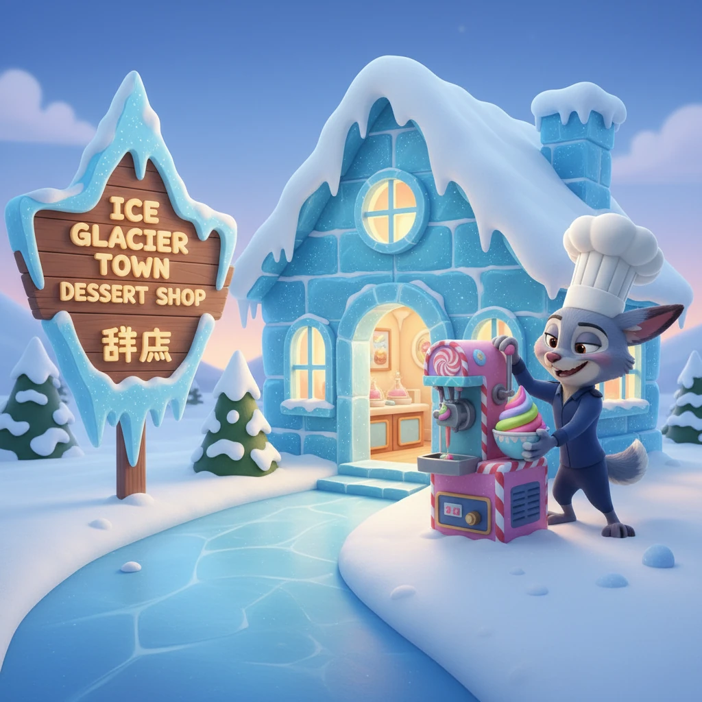 尼克穿过雨林，来到冰川镇甜品店。他戴着厨师帽，调皮地摆弄着冰淇淋机，准备制作美味的冰淇淋。冰雪路面延伸到店门口，甜品店价签上写着“dessert 甜点”。