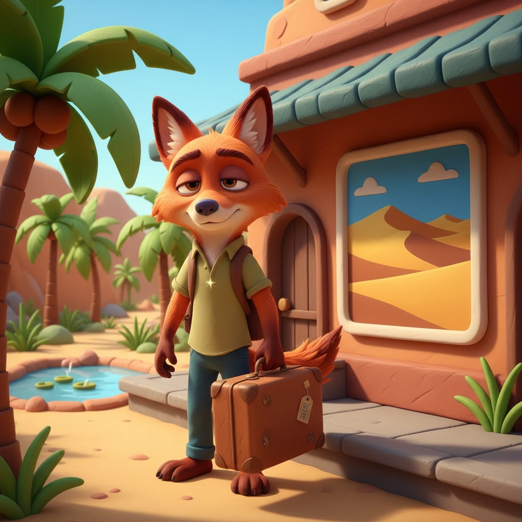 尼克提着一个行李箱，来到沙漠绿洲车站。他看起来有些疲惫，但眼中闪烁着期待的光芒。车站海报上是广阔的沙漠景色，上面写着“station 车站”。