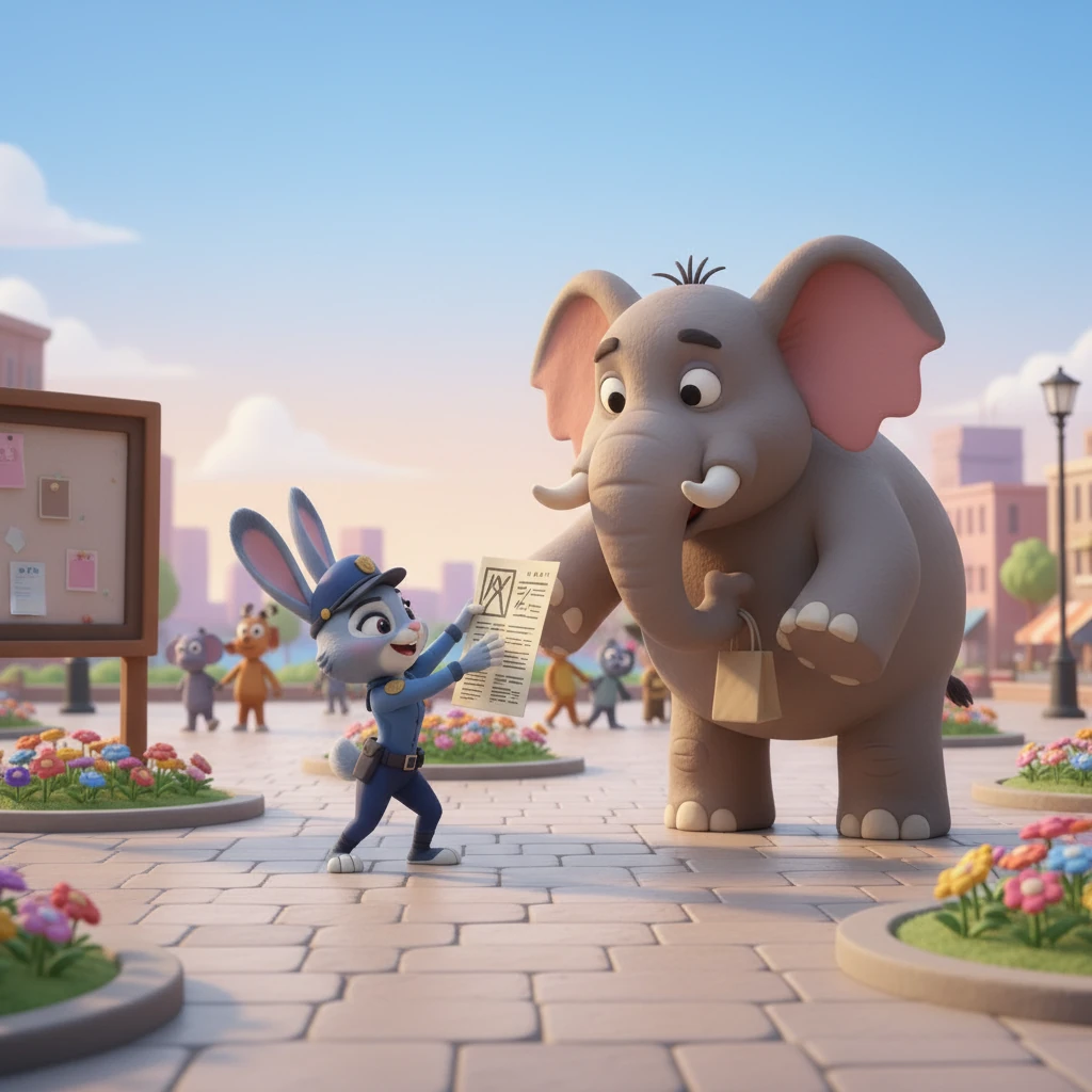 朱迪出现在市中心广场，她举着一张宣传单，正向路过的动物们介绍着什么。广场上花坛围绕，石板地面干净整洁，宣传栏上写着“square 广场”。