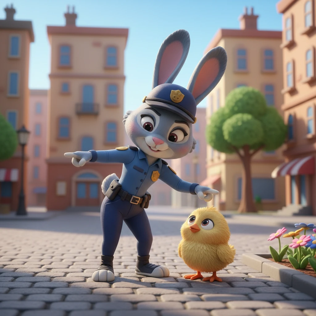 朱迪在广场上巡逻，她看到一个迷路的小动物，温柔地指引方向。她的身影在阳光下显得格外可靠，广场的背景是繁忙的城市建筑，一旁的花坛里有“flower 花”字样。