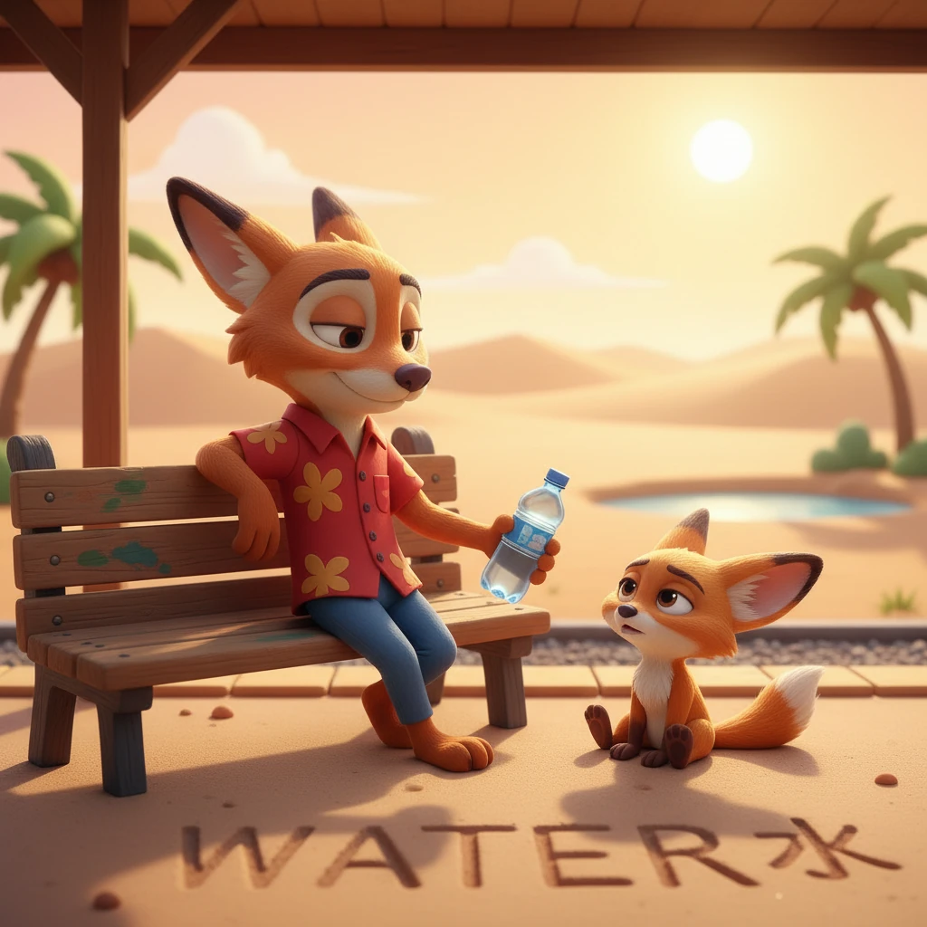 尼克在沙漠绿洲车站等车，他看到一个口渴的小动物，递过去一瓶水。他的动作虽然随意，却充满了善意，车站的地面上刻着“water 水”的字样。