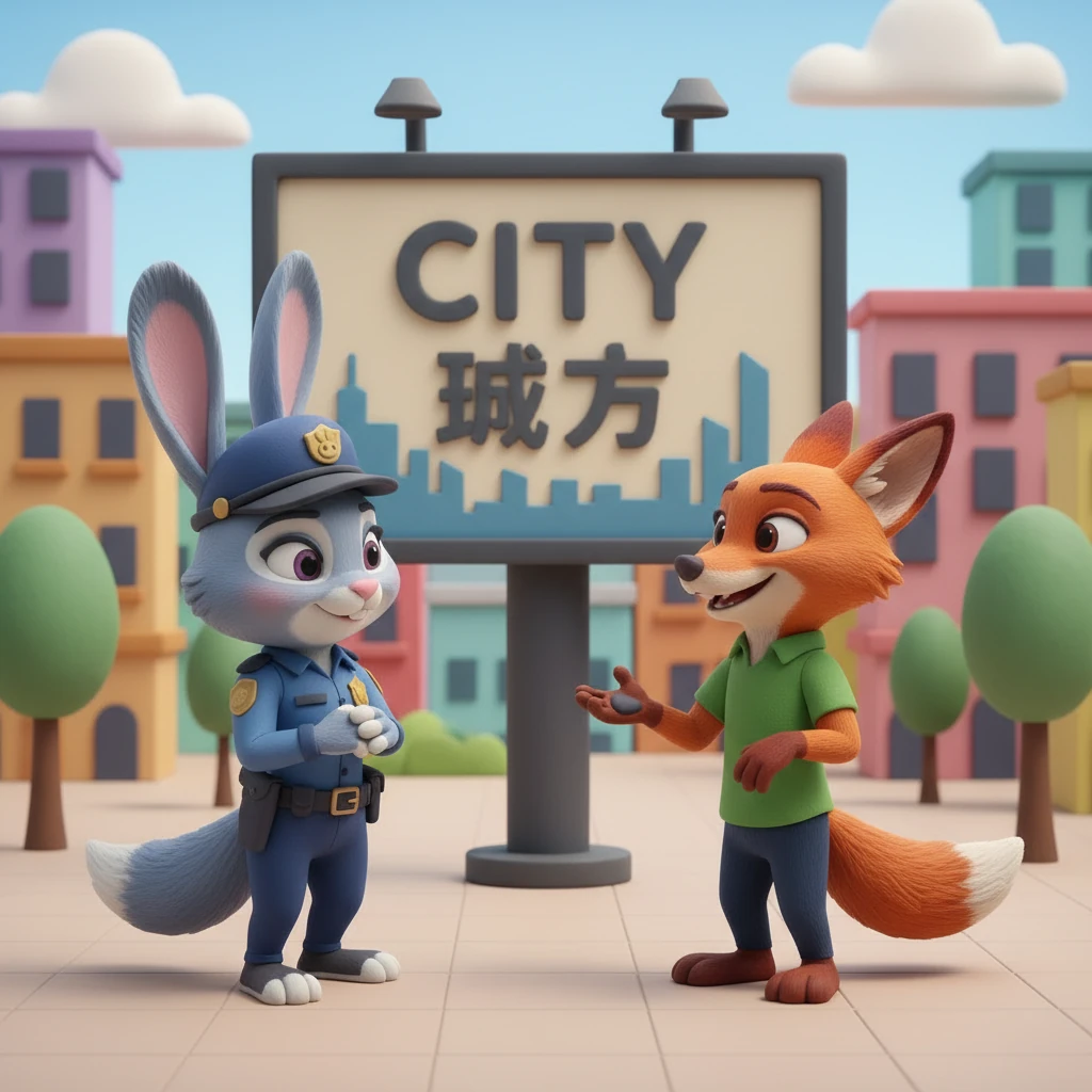 朱迪和尼克在市中心广场相遇，他们互相问候，分享着各自的见闻。朱迪认真地听着尼克讲述他的旅行，广场的广告牌上显示着“city 城市”。