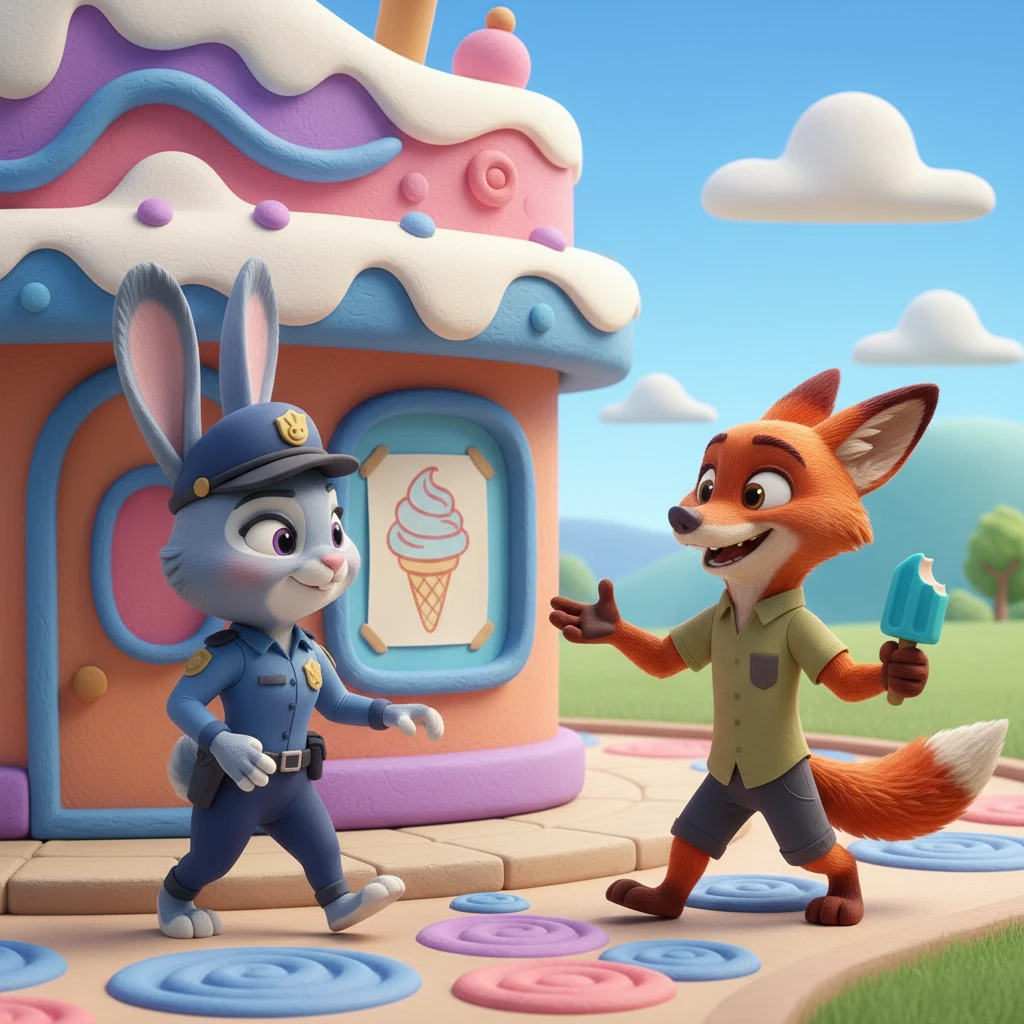 他们一起走向冰川镇甜品店，尼克兴奋地向朱迪介绍他新做的冰淇淋。甜品店的玻璃窗上贴着“ice cream 冰淇淋”的图案。