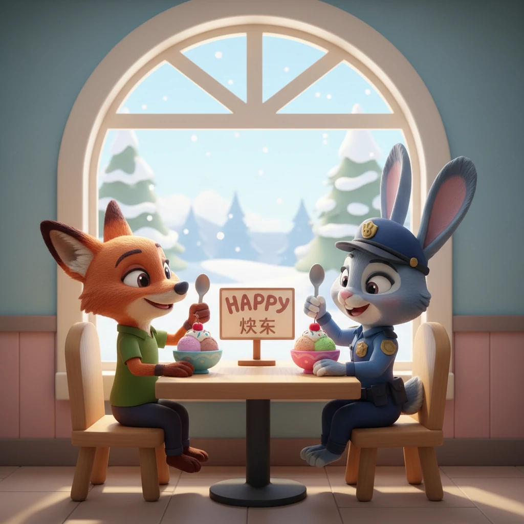 朱迪和尼克坐在甜品店里，享受着美味的冰淇淋，分享着彼此的快乐。窗外是美丽的冰雪世界，桌上放着“happy 快乐”的牌子，他们开心地笑着，为这美好的一天画上句号。