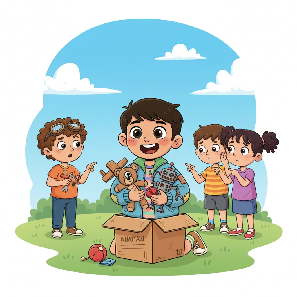 Aarav, a small boy with a bright smile, happily rummages through a discarded box, his arms already full of quirky, broken toys. Other children on the playground point and whisper, their faces showing confusion, but Aarav simply beams, clutching his new-found treasures. He knows these forgotten items still have stories to tell and adventures to share.