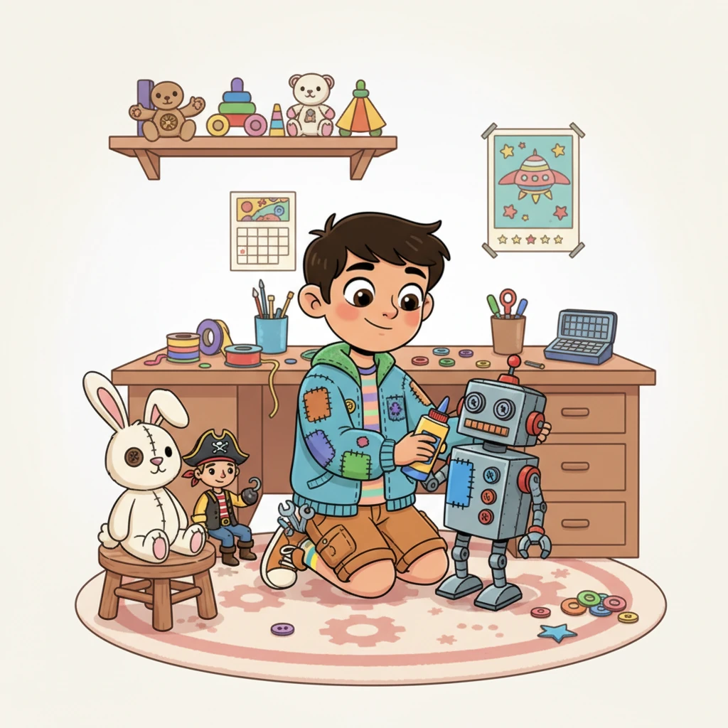 Aarav's bedroom is a cozy, colorful haven, transformed into a bustling toy repair shop. He meticulously applies a bright blue patch to Tick-Tock, a one-armed robot, while Luna, a one-eyed stuffed bunny, and Captain Rust, a chipped pirate figure, patiently wait their turn. His desk is a joyful mess of glue sticks, colorful tape, and spare buttons, all tools for his creative mending.