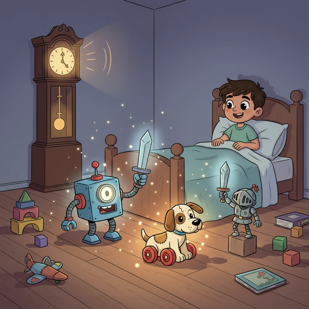 As the grandfather clock in the hallway chimes midnight, a soft, shimmering glow begins to emanate from Aarav's mended toys. Tick-Tock’s single eye blinks open with a cheerful whir, Luna’s floppy ear twitches, and Captain Rust dramatically raises his tiny, chipped sword. The room fills with a gentle, magical light, making the shadows dance.