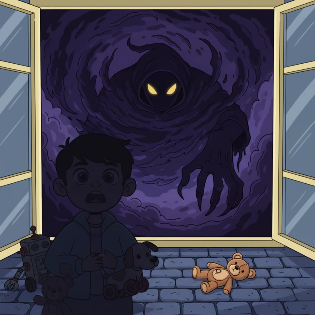 Suddenly, outside Aarav’s window, a swirling cloud of inky shadows appears, coalescing into the menacing form of The Shadow Collector. His eyes glow with a cold, hungry light, and he extends a shadowy, grasping hand toward a lonely, discarded teddy bear lying forgotten on the street below. The toys gasp in alarm, their cheerful glow dimming slightly.