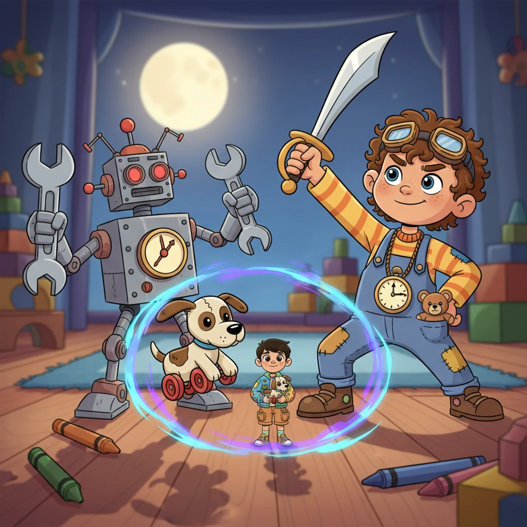 With a shimmering, magical swirl, Aarav feels himself shrink down, becoming toy-sized and standing bravely amongst his now towering, animated guardians. Tick-Tock whirs with determination, Luna hops with newfound energy, and Captain Rust strikes a heroic pose, his sword gleaming. They are ready to embark on a grand adventure to save the forgotten.