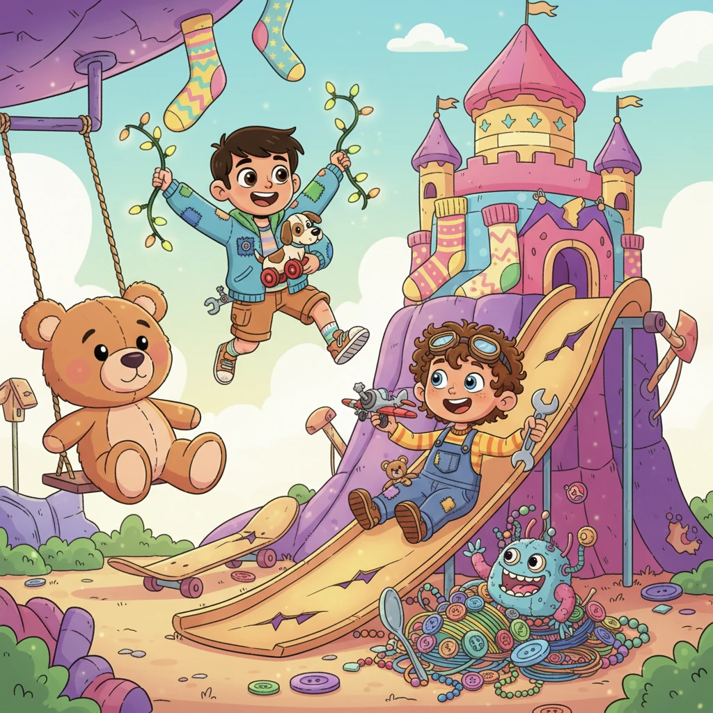 Together, they journey through the whimsical "Land of Lost Things," a vibrant, neon-glowing landscape made of forgotten playgrounds and towering, discarded objects. They bravely navigate through bouncy castles of old socks and slide down ramps made of broken skateboards, encountering playful but challenging toy monsters crafted from tangled wires and lost buttons. Each step is an exciting leap into the unknown.