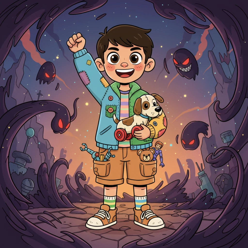 Deep in the Land of Lost Things, surrounded by the Shadow Collector's creeping, despair-inducing tendrils, Aarav feels a wave of hopelessness wash over him. He almost gives up, but then he looks at his mended toys, remembering the love and belief he poured into each repair. With a renewed spark in his eyes, he shouts, "You're not broken! You still matter!"