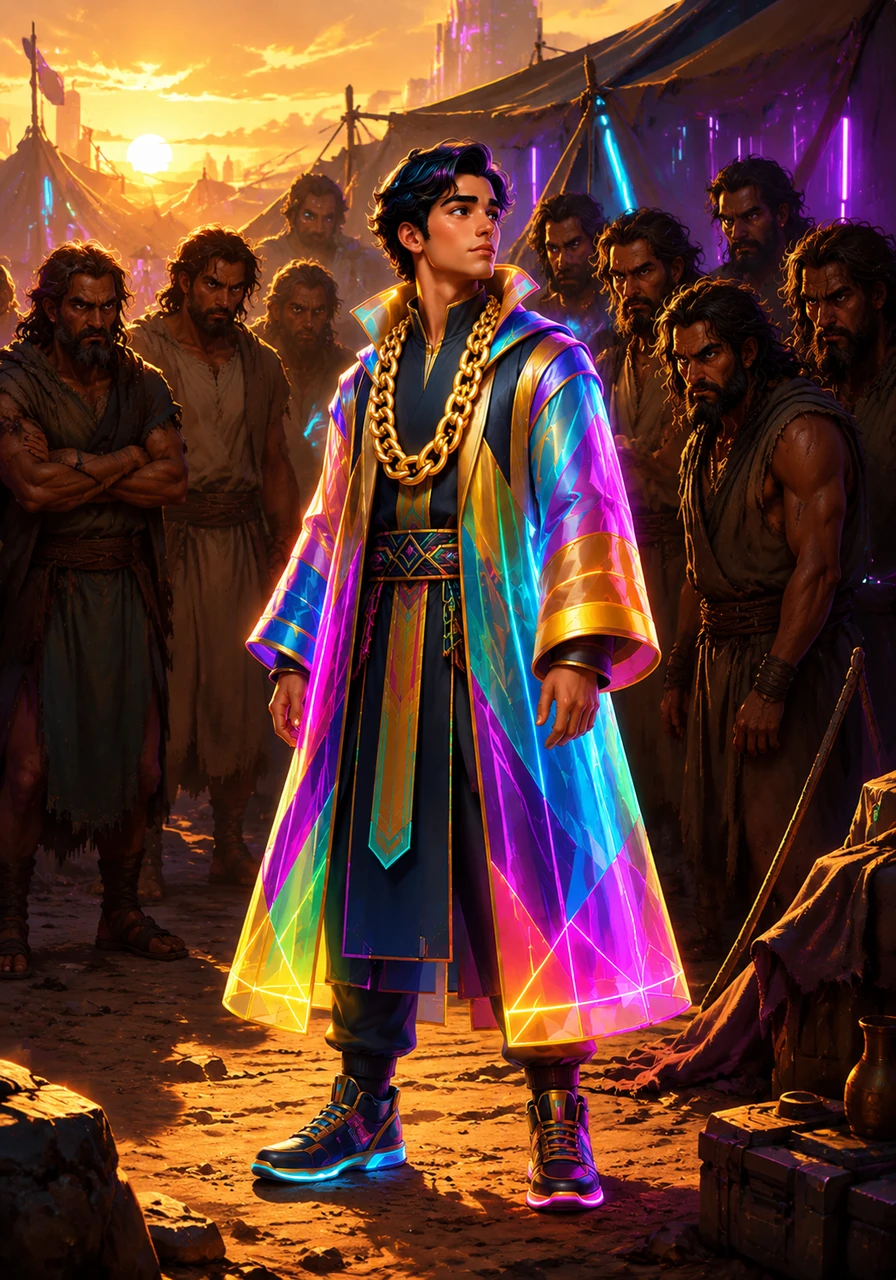 Young Joseph stands proudly in his magnificent coat of many colors, a gift from his father Jacob. The vibrant fabric glows under the warm sun, catching the jealous eyes of his ten older brothers who watch from the shadows of the tents.