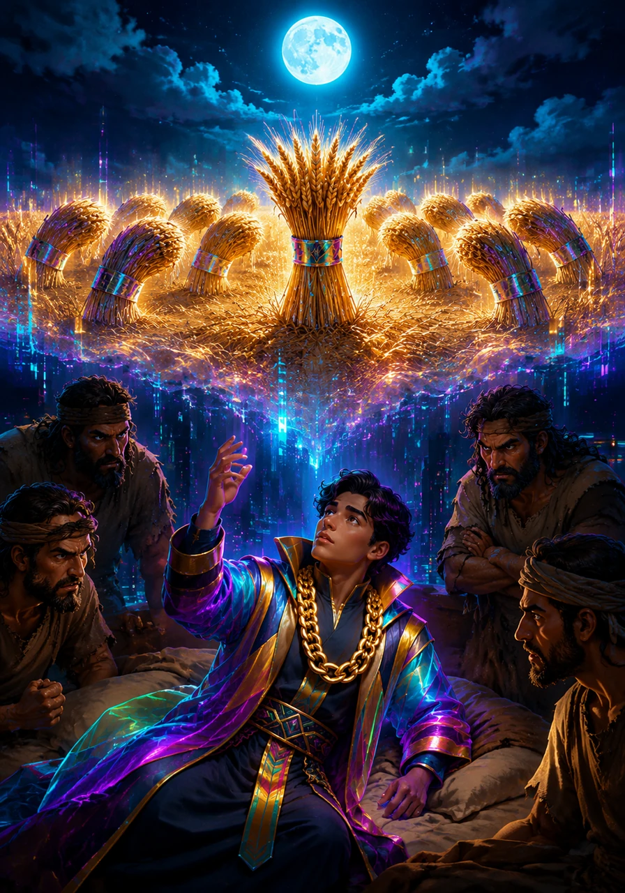One night, Joseph dreams of bundles of wheat in a golden field under a bright moon. His brothers' sheaves bow down low to his upright sheaf, a vision that fills him with wonder but fuels the resentment in his brothers' hearts.