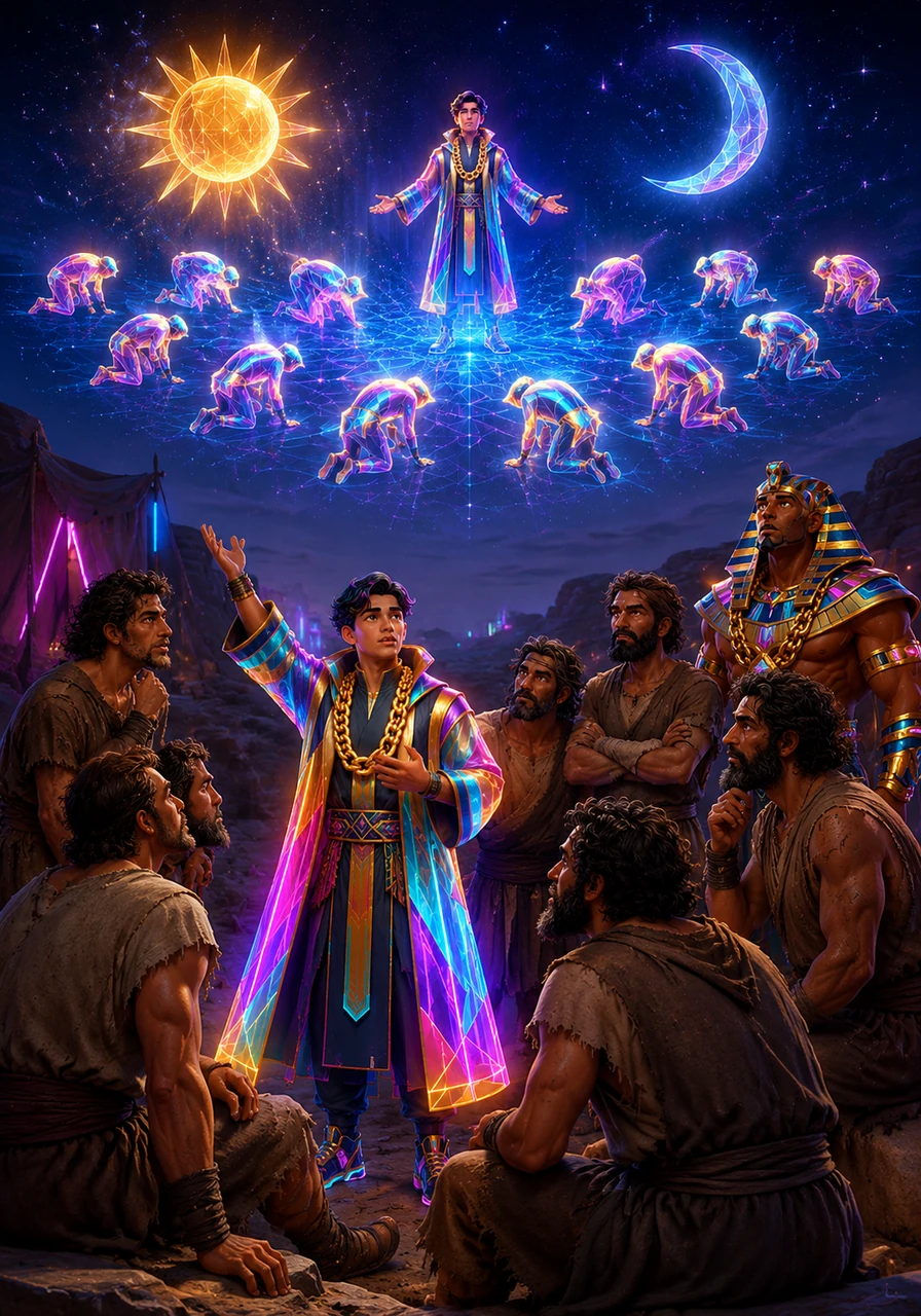 Under a blanket of shimmering stars, Joseph dreams again of the sun, the moon, and eleven stars bowing down to him. He shares the vision with his family, unaware that his dreams are whispers of a destiny far beyond the hills of Canaan.
