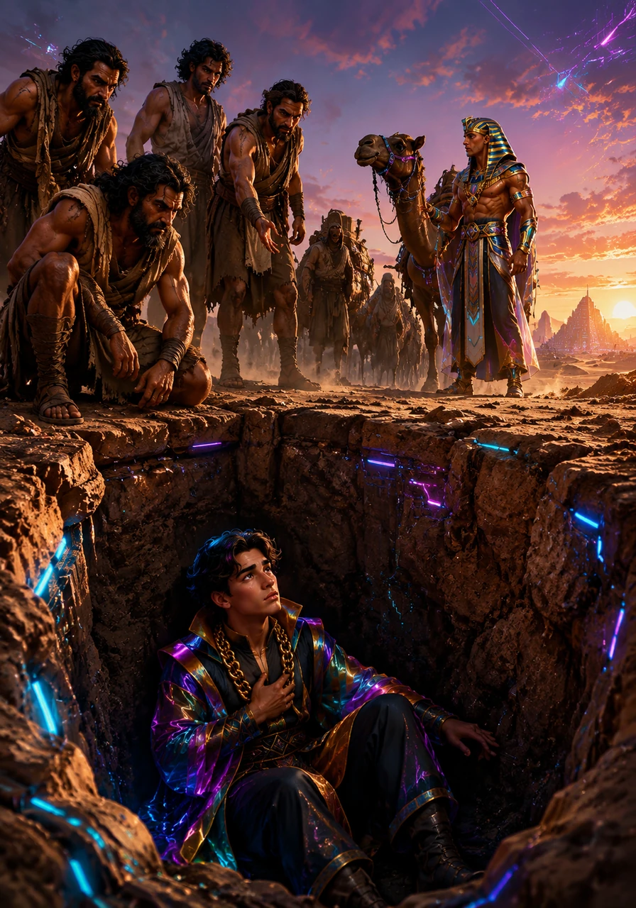 In the dusty wilderness, Joseph’s brothers cast him into a deep, dry pit before selling him to a passing caravan of traders. He watches his home disappear into the horizon, clutching his hope as the camels carry him toward the mysterious land of Egypt.