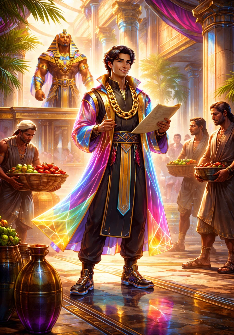 In the grand, sun-drenched halls of Egypt, Joseph works diligently in the house of Potiphar. Despite his hardships, his wisdom and integrity shine through, and he soon rises to manage the entire wealthy household with grace.