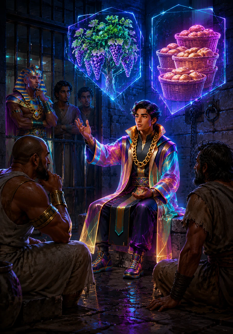 Though wrongly cast into a cold stone prison, Joseph finds purpose by interpreting the mysterious dreams of his fellow captives. He explains the symbols of vines and bread baskets, proving that his gift for seeing the future remains strong even in the dark.
