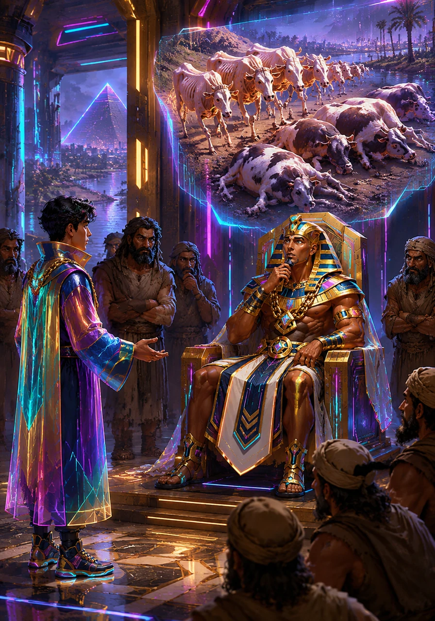 Pharaoh, the mighty ruler of Egypt, is troubled by a recurring dream of seven thin cows devouring seven fat cows by the Nile river. No wise man in the kingdom can explain the mystery until Joseph is summoned from the dungeon to the golden throne room.