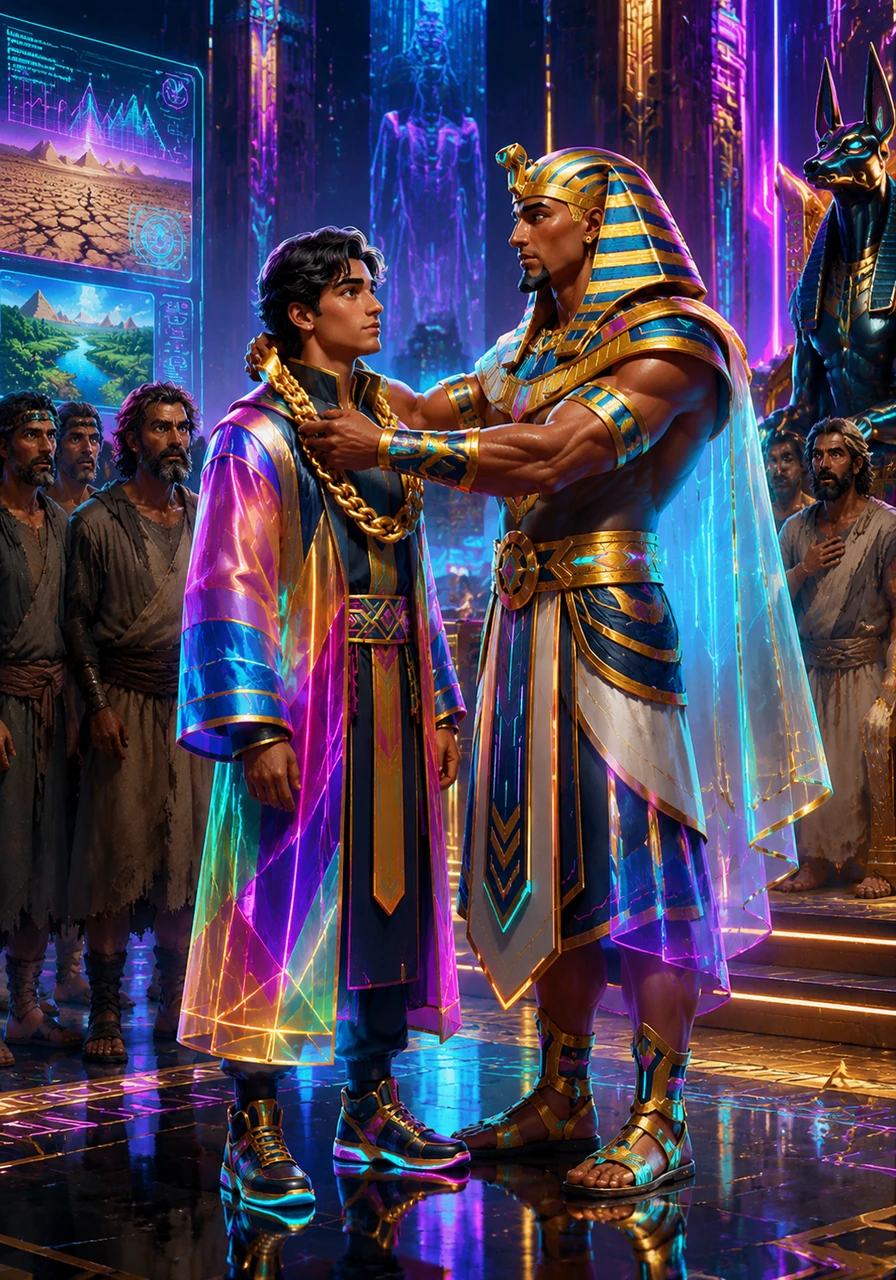 Standing before the Pharaoh, Joseph calmly explains that seven years of great plenty will be followed by seven years of harsh famine. Impressed by his divine wisdom, Pharaoh places a gold chain around Joseph's neck and makes him a ruler over all Egypt.