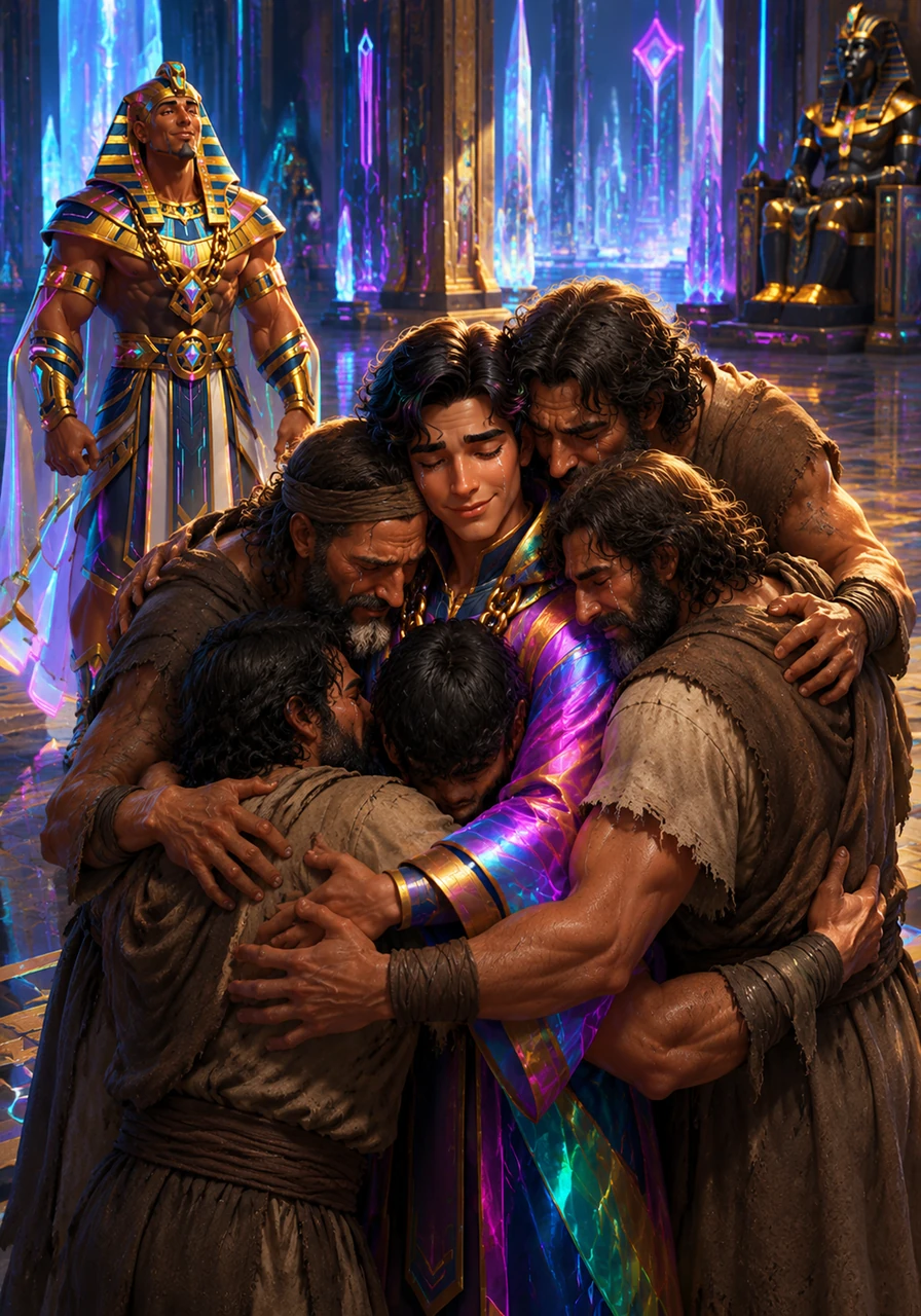 With tears of joy and a heart full of peace, Joseph reveals his true identity and embraces his brothers in a powerful act of forgiveness. The family is finally reunited in Egypt, realizing that every trial was part of a greater plan to save them all.