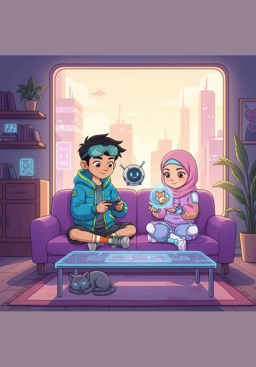 Omar et sa petite sœur Aya sont assis dans un salon baigné de lumière, entourés de livres colorés. Ils regardent avec curiosité les beaux tapis de prière aux motifs géométriques étalés sur le sol en bois clair.