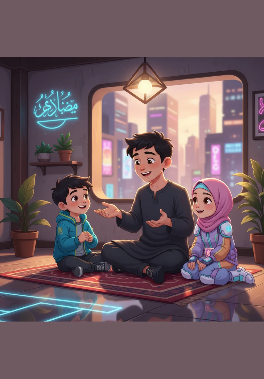 Papa s'assoit par terre avec ses enfants et leur explique avec un grand sourire que la prière est un moment privilégié pour remercier Allah. Les enfants écoutent avec attention, les yeux remplis d'émerveillement et de joie.