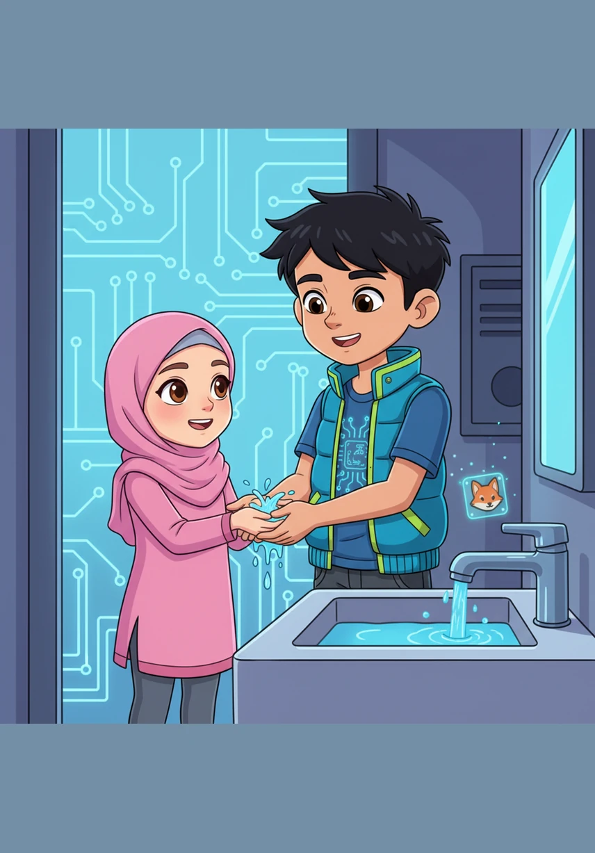 Dans la salle de bain, Omar montre joyeusement à Aya comment faire le woudou avec de l'eau fraîche et claire. Ils se lavent les mains et le visage avec soin pour être propres et prêts pour ce moment sacré.