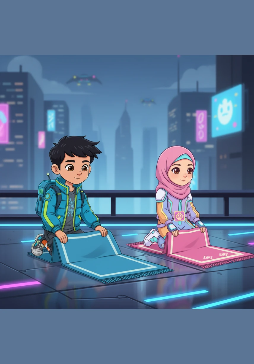 Omar installe son tapis de prière bleu tandis qu'Aya déplie son petit tapis rose décoré de fleurs. Ils se tiennent côte à côte, tournés vers la direction de la Kaaba dans une ambiance calme et sereine.