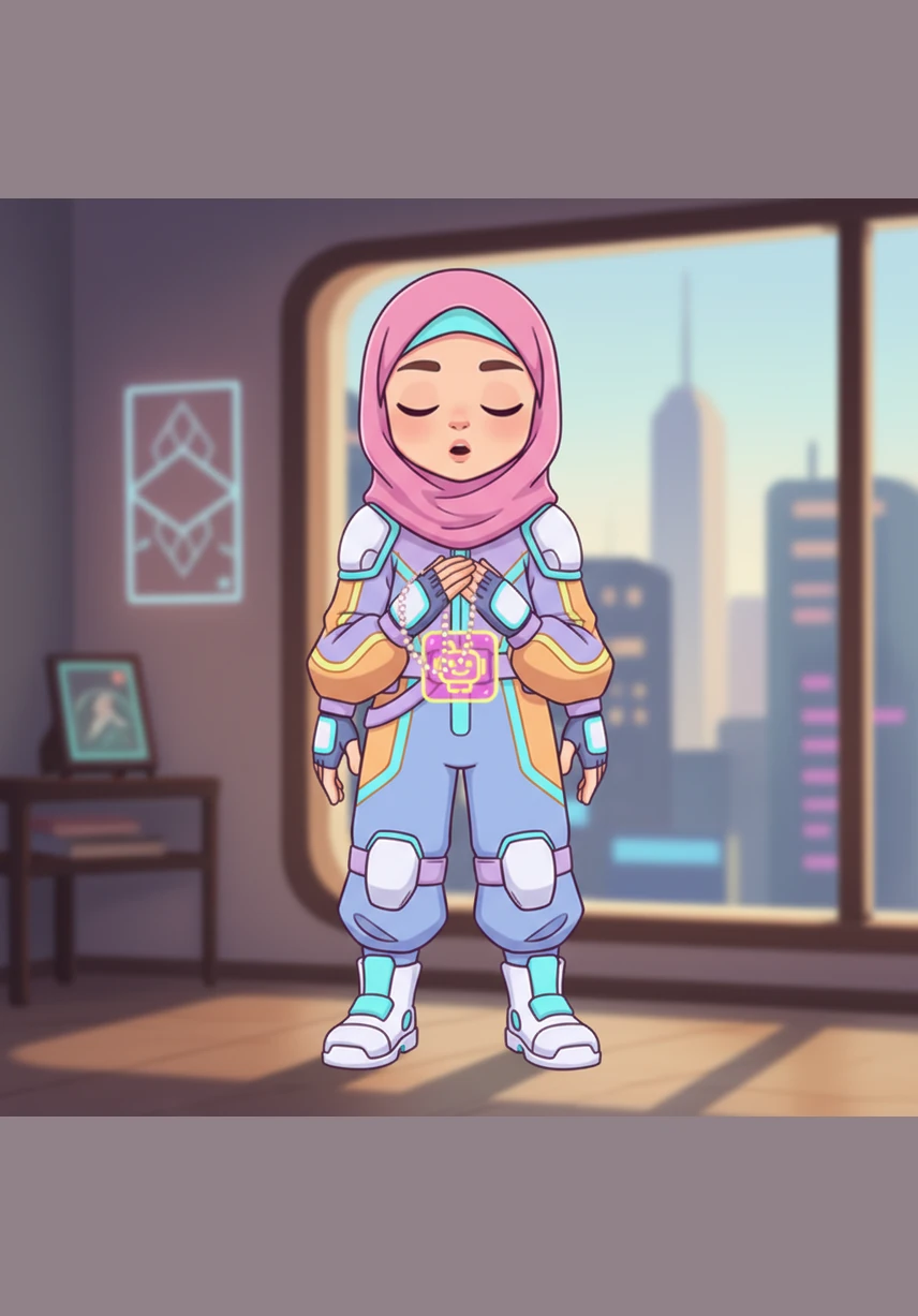 La petite Aya ferme les yeux et récite les paroles de la sourate Al-Fatiha avec une voix douce et mélodieuse. Son joli hijab rose encadre son visage qui rayonne de pureté et de concentration.