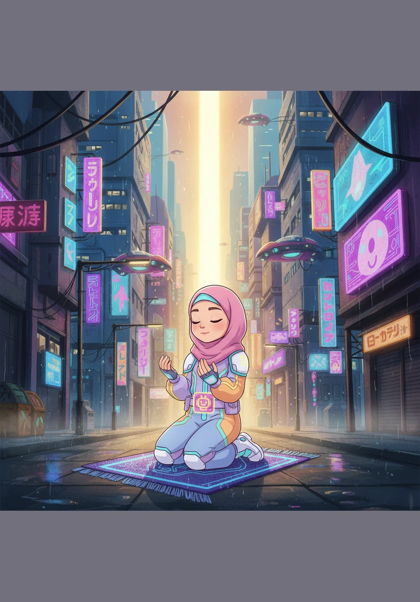 Aya pose son front délicatement sur son tapis de prière tout doux pour faire le sujood. Elle se sent très heureuse et proche d'Allah dans cette position de grande humilité.