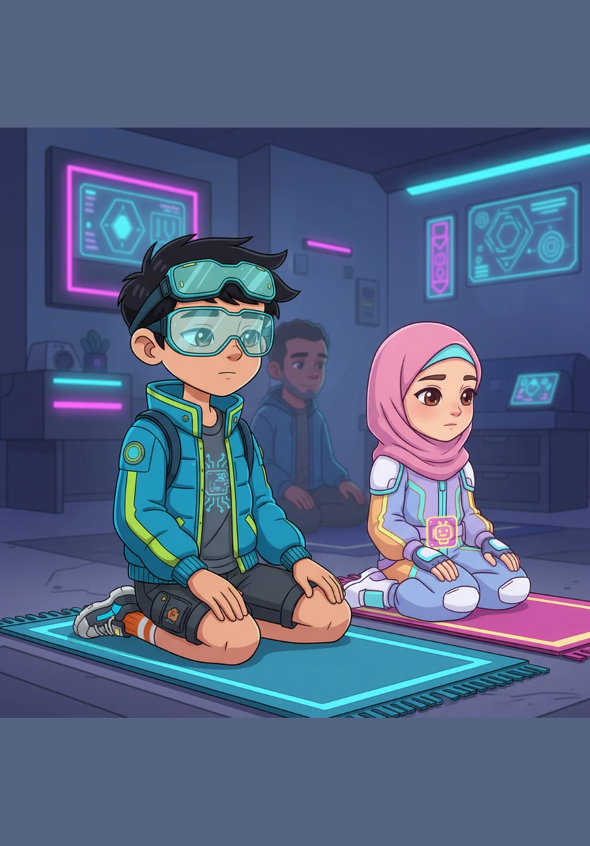 Les deux enfants s'assoient maintenant sur leurs talons, les mains posées sur leurs jambes pour le tachahoud. Ils récitent les dernières paroles de la prière avec sagesse, dans le silence paisible de la maison.