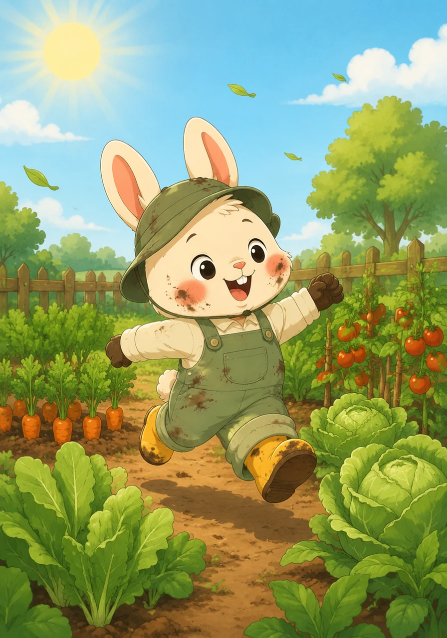 在阳光明媚的早晨,小兔子团团蹦蹦跳跳地来到自家的菜园里。菜园里种满了绿油油的蔬菜,微风吹过,送来阵阵清香。团团看着这些长势喜人的蔬菜,开心地笑了。
