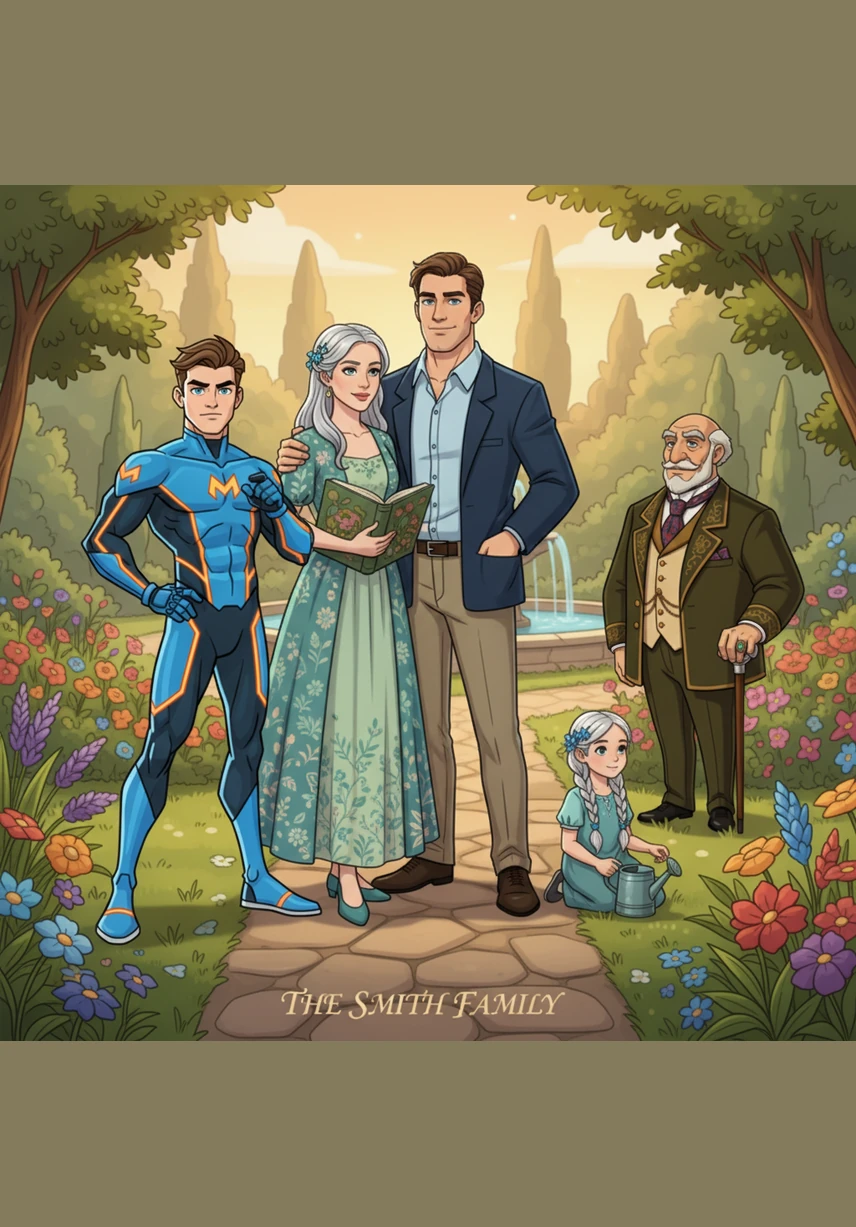 The Smith family stands before their magnificent white marble mansion, a place of elegance and grandeur. Don Rafaelo and Donya Tina look on with pride as their five children gather around them in the sun-drenched gardens.
