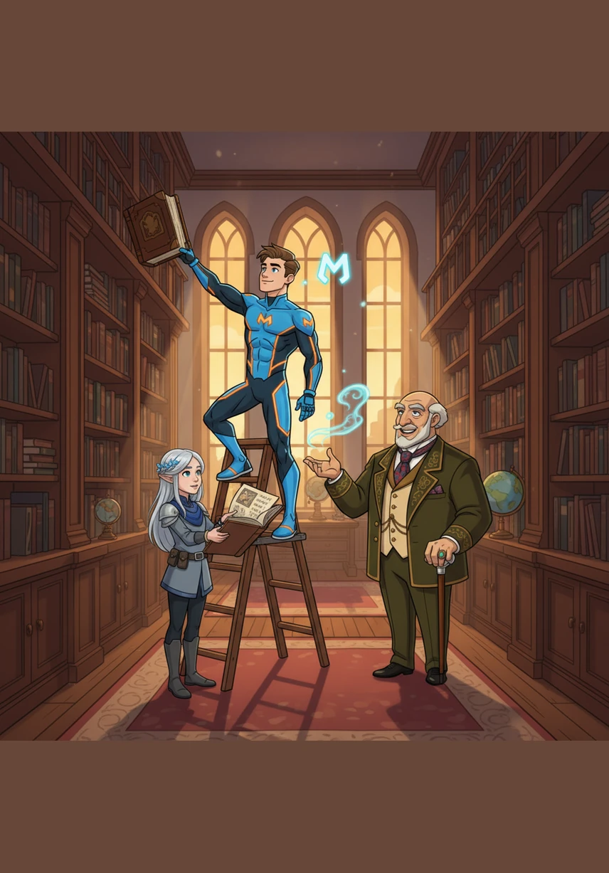 Inside the vast library, Mark helps his sister Crisha find a rare leather-bound book among the towering shelves. Across the polished floor, the twins Leo and Lewi race their high-tech gadgets through the wide, sunlit corridors.