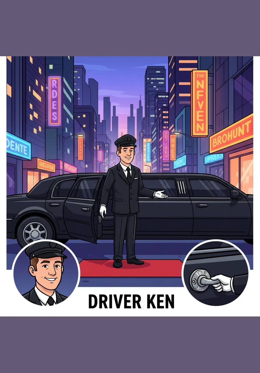 Driver Ken stands by the gleaming black limousine, holding the door open for the family as they prepare for a special journey. The morning sun reflects off the car’s polished surface, promising an adventure beyond the estate’s tall gates.