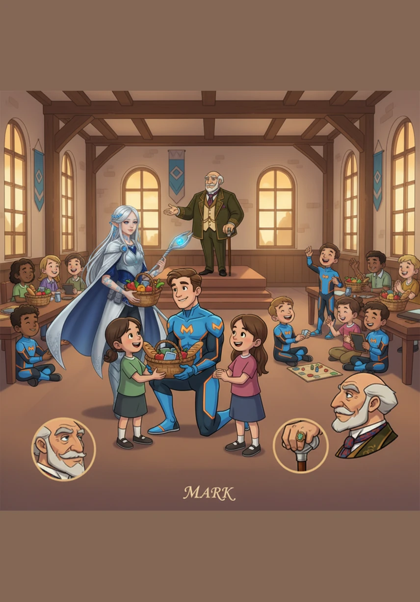 Mark and Crisha carefully hand out baskets of food and school supplies to children their own age, feeling a new sense of purpose. Leo and Lewi follow suit, sharing their favorite games and making new friends in the bustling hall.