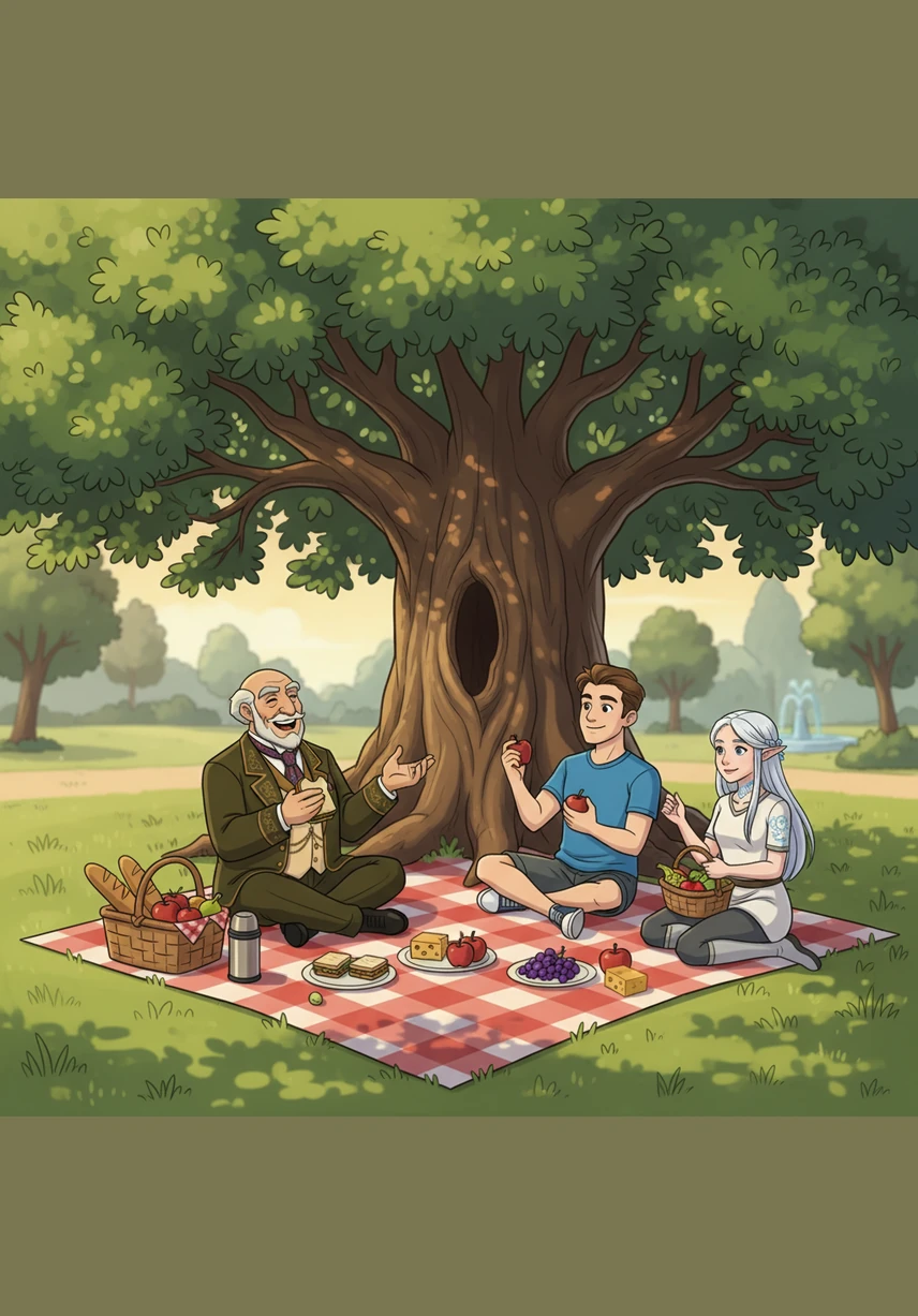 Later that afternoon, the family enjoys a simple picnic under the shade of an ancient oak tree in a public park. Without their usual luxuries, they find joy in the laughter and stories they share over simple snacks and fresh air.