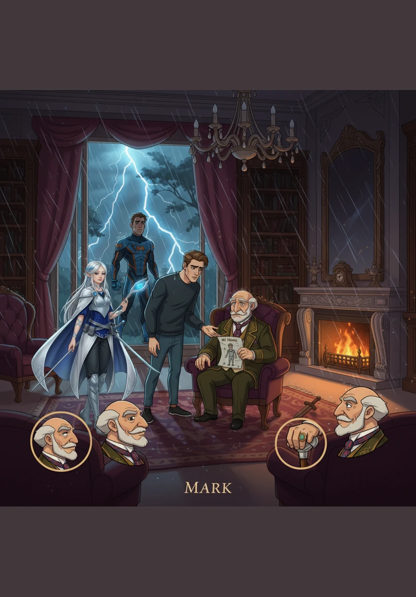 Back at the mansion, a sudden thunderstorm rages outside, but the grand living room is warm and cozy. The family huddles together on a large velvet sofa, realizing that no amount of gold can replace the comfort of being together.