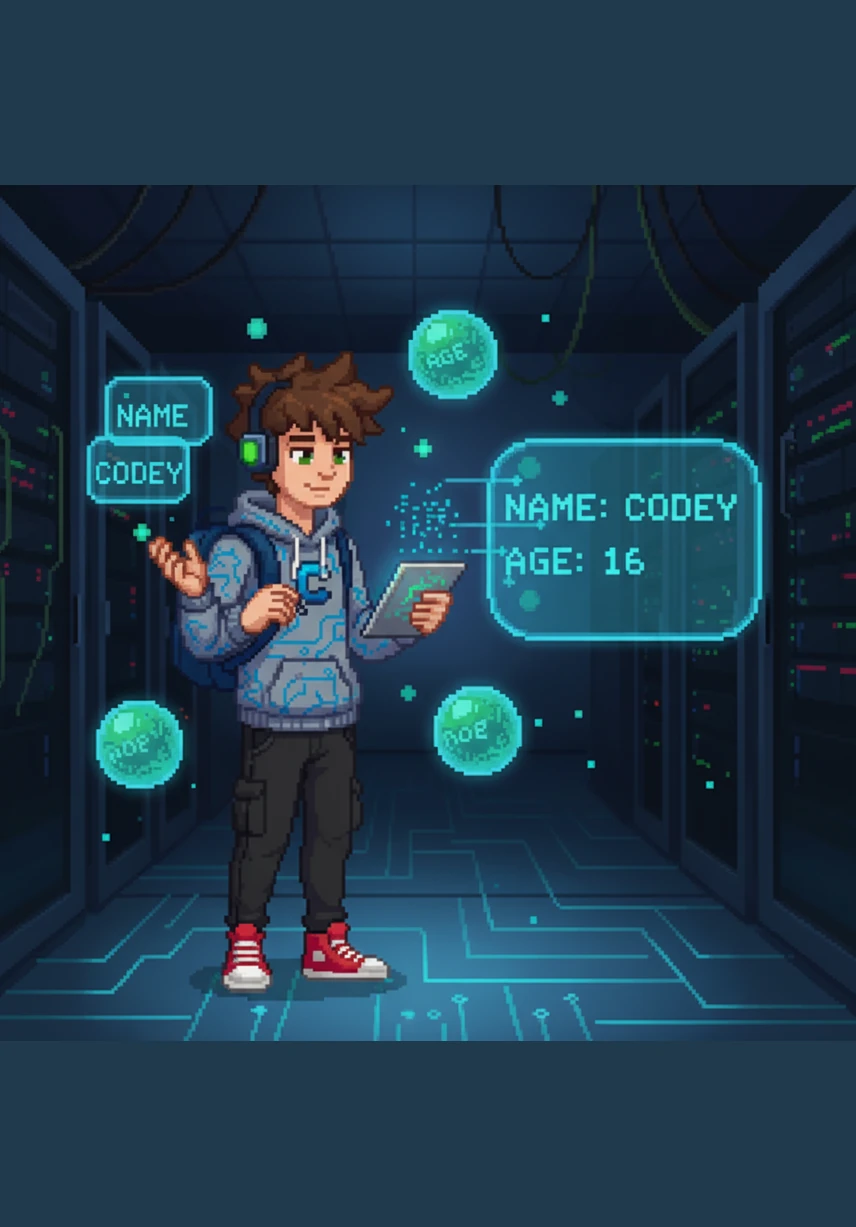 Codey whispered his name and age into the air, turning them into variables that floated like glowing orbs around him. He used a document-write charm to make his identity appear clearly within the rounded box for all to see.