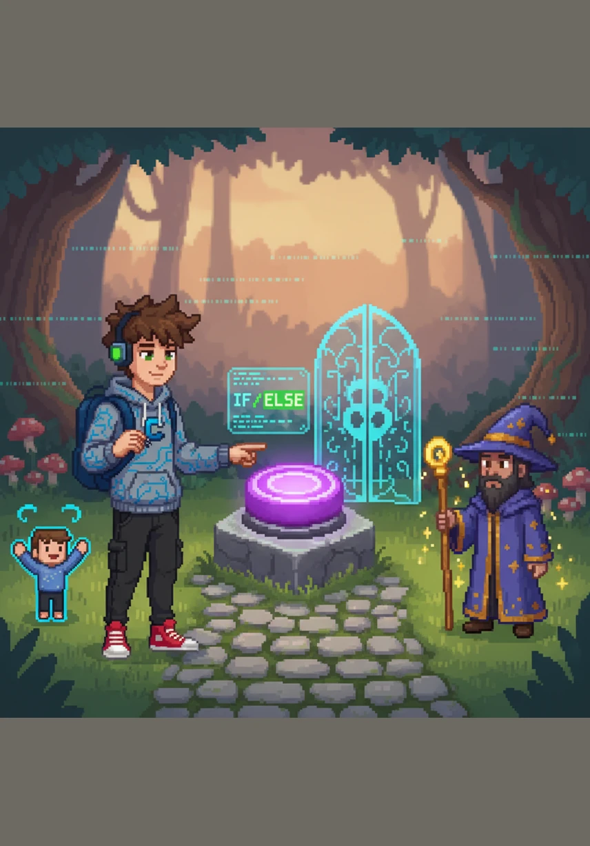 He added a magical button that, when clicked, would trigger a friendly alert greeting to anyone who passed by. Codey even programmed a clever gate using an if-else spell to check if visitors were young explorers or grown-up wizards.
