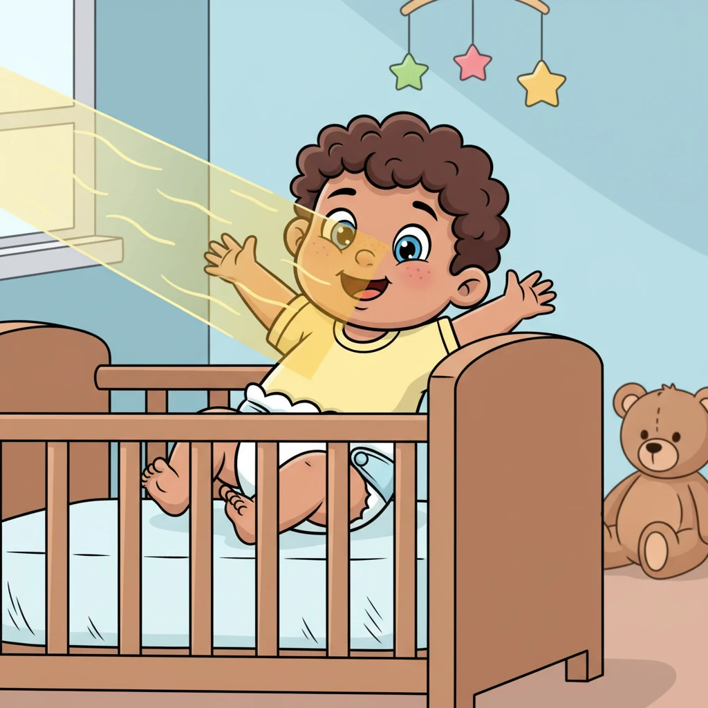 A bright sunbeam tickled Pip's nose, waking him with a happy gurgle. He stretched his tiny arms and legs, a big smile spreading across his round, rosy face. His comfy diaper crinkled softly as he prepared for a brand new day of fun.