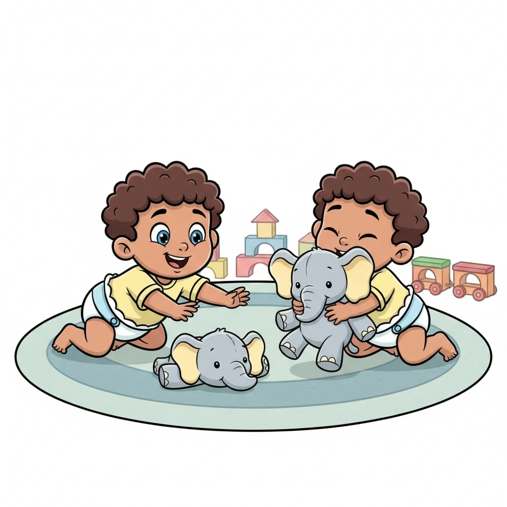 On the soft rug, Pip spotted his favorite plush elephant. With an excited squeal, he wiggled and crawled towards it, his little hands reaching out. He gave the elephant a big, squishy hug, rocking back and forth with pure delight.