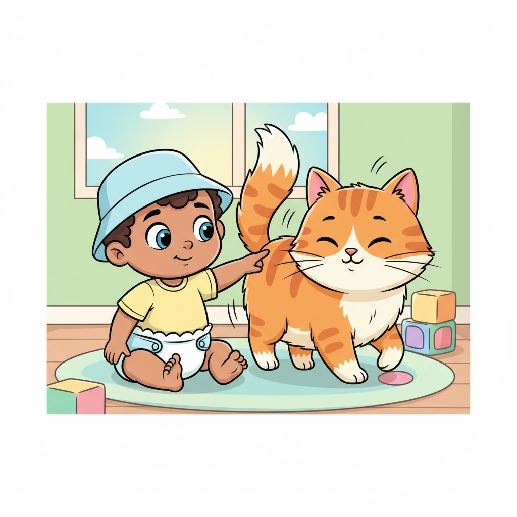 Suddenly, a fluffy tail swished past! It was Barnaby, the friendly family cat, padding softly by. Pip giggled, reaching out a curious finger to gently touch Barnaby's soft fur, who purred contentedly.